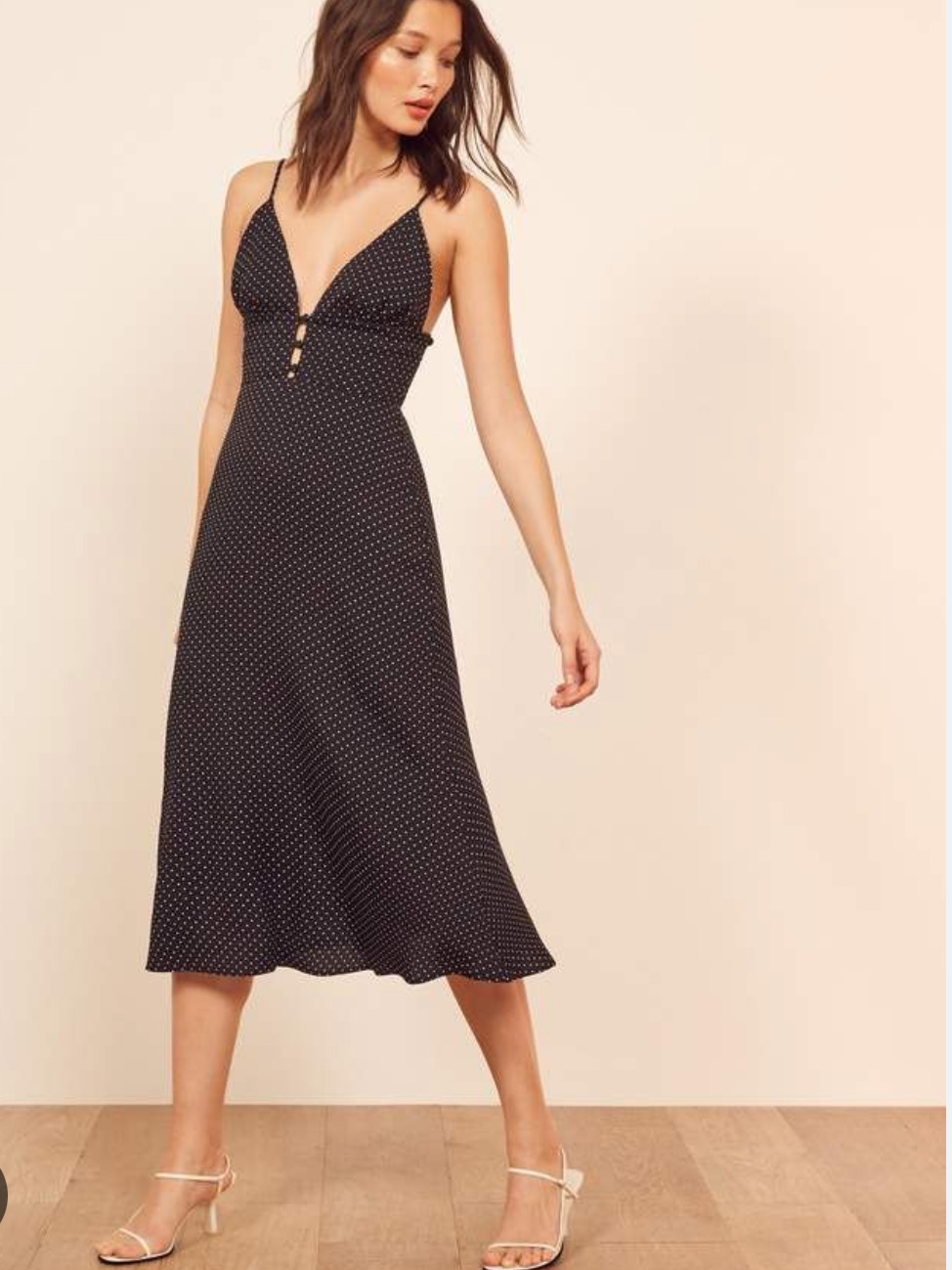 Reformation Montague Black Polka Dot Midi Slip Dress Spaghetti Strap Size 4